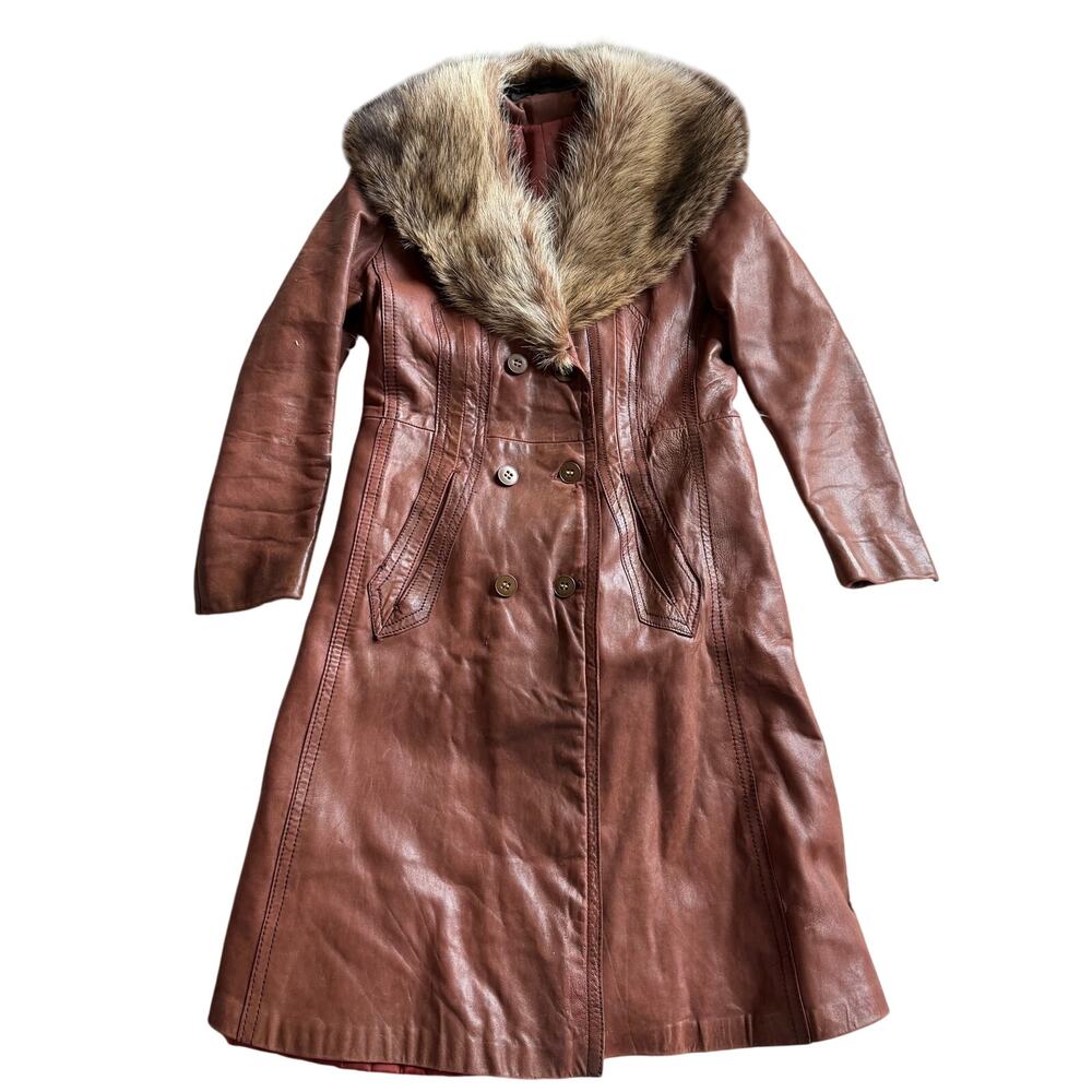 Vintage Brown Leather Coat with Fur Collar - Picture 2 of 15